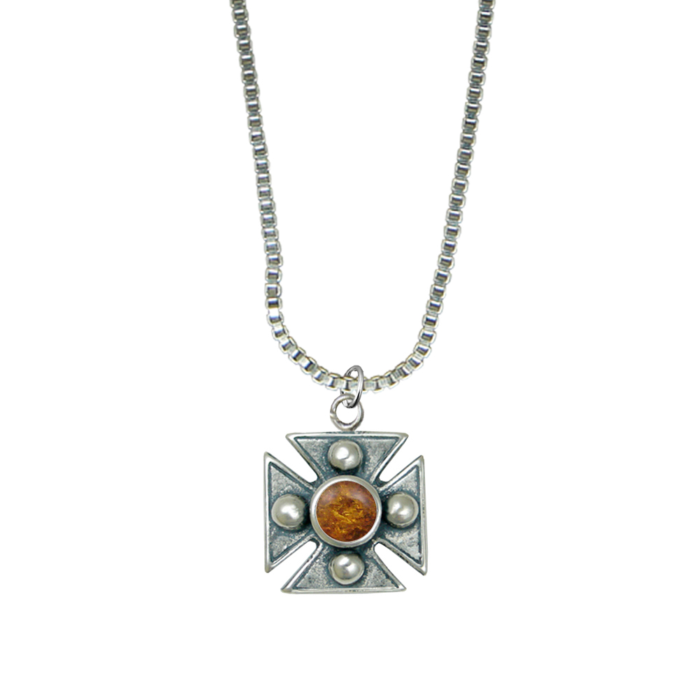 Sterling Silver Little Amber Cross Pendant Necklace